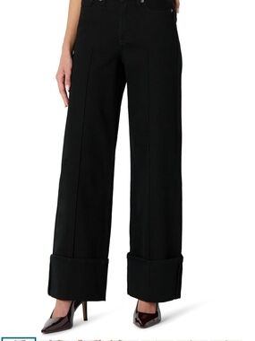 Black Wide-Leg Cuffed Women's Pants